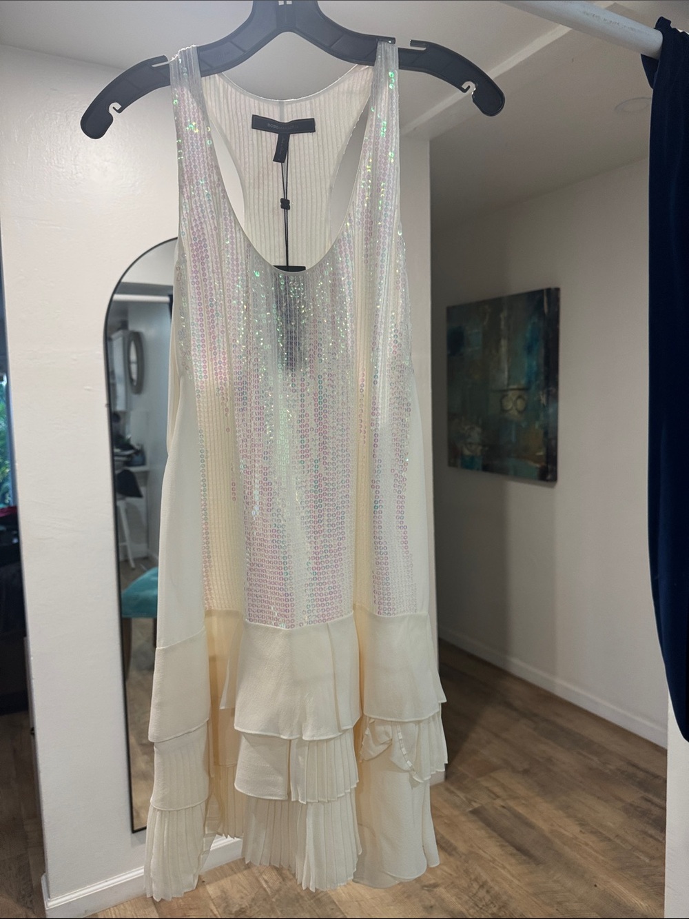 BCBGMaxAzria Iridescent Sequin Cream Tiered Ruffle Dress